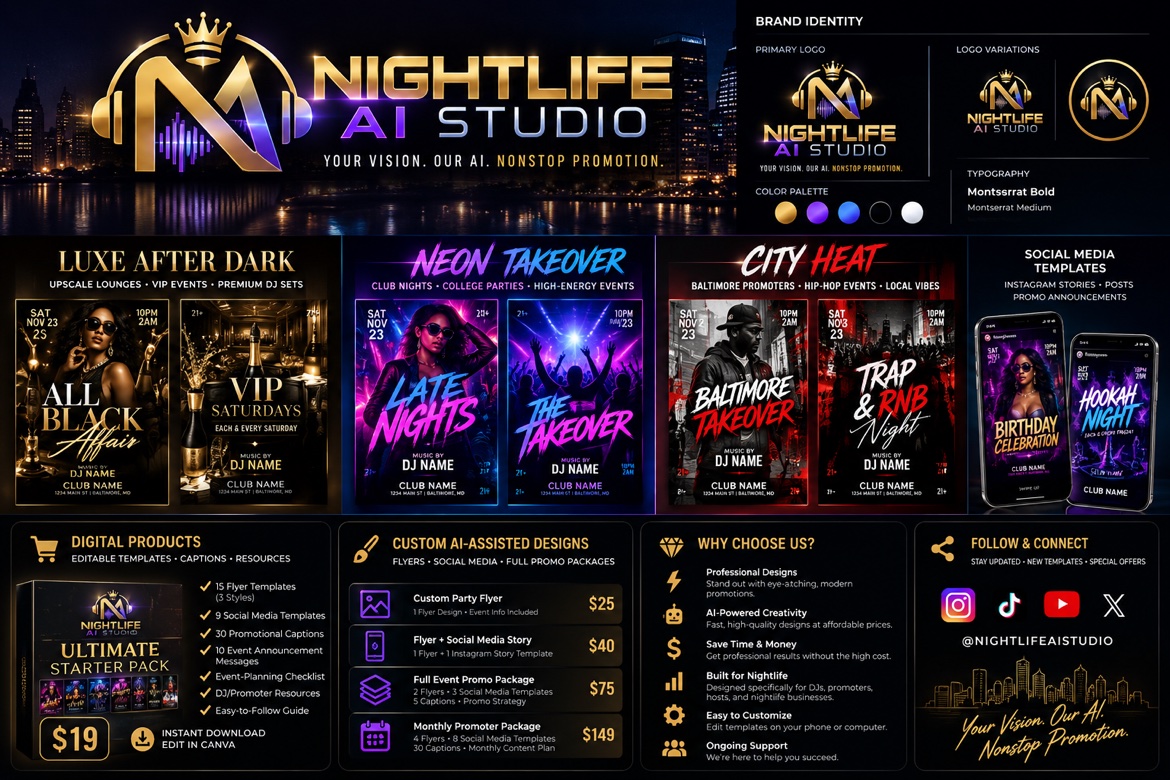 Nightlife AI Studio brand board — Luxe After Dark, Neon Takeover, City Heat, social templates, starter pack and custom design pricing